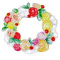 Watercolor vintage wreath with different flowers