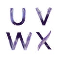 Watercolor violet abstract alphabet with gold splashes. Letters