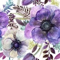 Watercolor violet flowers seamless pattern. Royalty Free Stock Photo