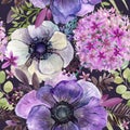 Watercolor violet flowers seamless pattern.