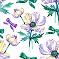 watercolor violet flowers seamless pattern. hand-drawn botanical illustration. vintage floral composition. Royalty Free Stock Photo