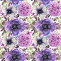 Watercolor violet flowers seamless pattern. Royalty Free Stock Photo