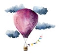 Watercolor violet hot air balloon. Hand painted vintage air balloons with flags garlands, clouds and retro design Royalty Free Stock Photo