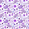 Watercolor Violet Leaves, Flowers And Spots Seamless Pattern Royalty Free Stock Photo