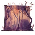 Watercolor violet mystic magic forest, isolated deep violet woods illustration Royalty Free Stock Photo