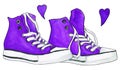 Watercolor violet purple sneakers pair shoes hearts love isolated vector