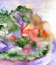 Watercolor violet road trees pines wood forest landscape