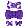 Watercolor violet satin bow set. Hand painted illustration.