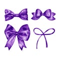 Watercolor violet satin bow set. Hand painted illustration.