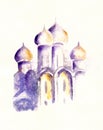 Watercolor violet-yellow drawing of russian orthodox church domes