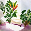Watercolor of Vivid living room featuring a gigantic white bird of paradise plant placed on the