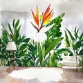 Watercolor of Vivid living room featuring a gigantic white bird of paradise plant placed on the