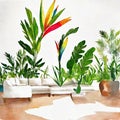 Watercolor of Vivid living room featuring a gigantic white bird of paradise plant placed on the