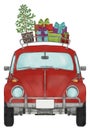 Watercolor Volkswagen Beetle with Christmas tree and gifts Royalty Free Stock Photo