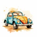 Watercolor Volkswagen Beetle Clipart - Vintage Car Illustration