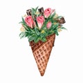 Watercolor waffle cone with flowers roses,chocolate.Watercolor illustration for your design,logo,invitation,wedding,valentines day