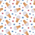 Watercolor waffle cone ice cream seamless pattern. Hand drawn dessert with red and blue confetti and stars isolated on