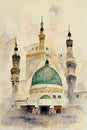 Watercolor wall tableau Art painting Al Masjid an Nabawi in the Kingdom of Saudi Arabia