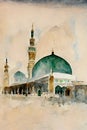 Watercolor wall tableau Art painting Al Masjid an Nabawi in the Kingdom of Saudi Arabia