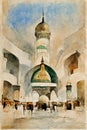 Watercolor wall tableau Art painting Al Masjid an Nabawi in the Kingdom of Saudi Arabia