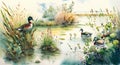 Watercolor natural landscape of wild ducks with water plants in the lake