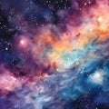 Watercolor wallpaper starry fabulous bright purple and pink sky. Cosmic illustration. Beautiful colorful space background Royalty Free Stock Photo