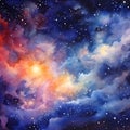 Watercolor wallpaper starry fabulous bright purple and pink sky. Cosmic illustration. Beautiful colorful space background Royalty Free Stock Photo