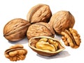 Watercolor Walnut Isolated, Aquarelle Nuts, Creative Watercolor Juglans Regia Fruits on White Background