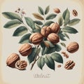 Watercolor walnut vintage retro poster design. Vector walnut illustration, fruits theme.