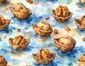 Watercolor Walnuts in Shells Pattern Royalty Free Stock Photo