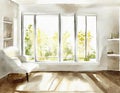 Watercolor of Warm living room with big window white