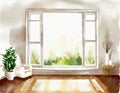 Watercolor of Warm living room with big window white