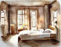 Watercolor of Warm snug bedroom with ambient