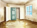 Watercolor of water damage in the living room due to Royalty Free Stock Photo