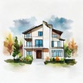 Watercolor of watercolored sketch of a modern minimalist house on watercolor paper