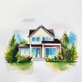 Watercolor of watercolored sketch of a modern minimalist house on watercolor paper