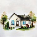 Watercolor of watercolored sketch of a modern minimalist house on watercolor paper