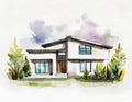 Watercolor of watercolored sketch of a modern minimalist house on watercolor