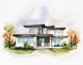 Watercolor of watercolored sketch of a modern minimalist house on watercolor