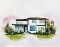 Watercolor of watercolored sketch of a modern minimalist house on watercolor