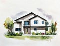 Watercolor of watercolored sketch of a modern minimalist house on watercolor