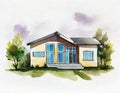 Watercolor of watercolored sketch of a modern minimalist house on watercolor