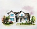 Watercolor of watercolored sketch of a modern minimalist house on watercolor