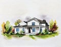 Watercolor of watercolored sketch of a modern minimalist house on watercolor