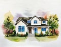 Watercolor of watercolored sketch of a modern minimalist house on watercolor
