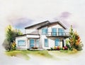 Watercolor of watercolored sketch of a modern minimalist house on watercolor