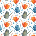 Watercolor watering can with drops of water seamless pattern. Hand drawn cute gardening tools illustration isolated on