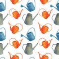 Watercolor watering can seamless pattern. Hand drawn cute gardening tools illustration isolated on white background