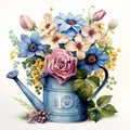 Watercolor watering can with spring flowers. Watercolor floral illustration