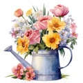 Watercolor watering can with spring flowers. Watercolor floral illustration